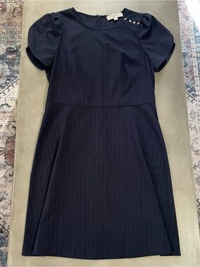 LOFT Navy Pinstripe Puff Sleeve Shift Dress with Shoulder Buttons